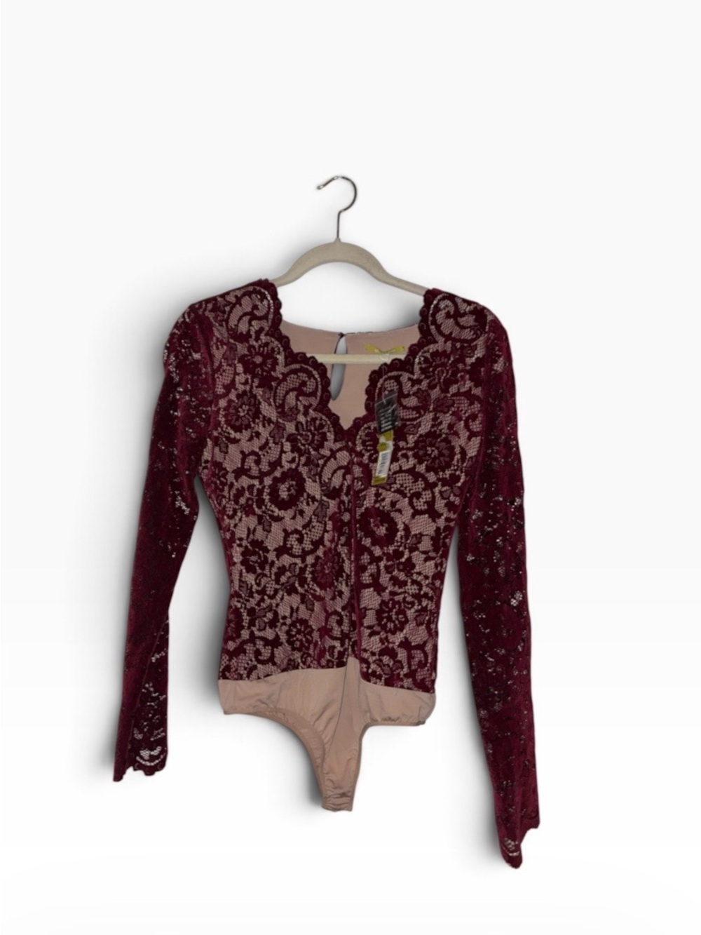 NWT Gianni Bini Bordeaux Velvet Lace City Soiree Bodysuit Scalloped v neck Sz S